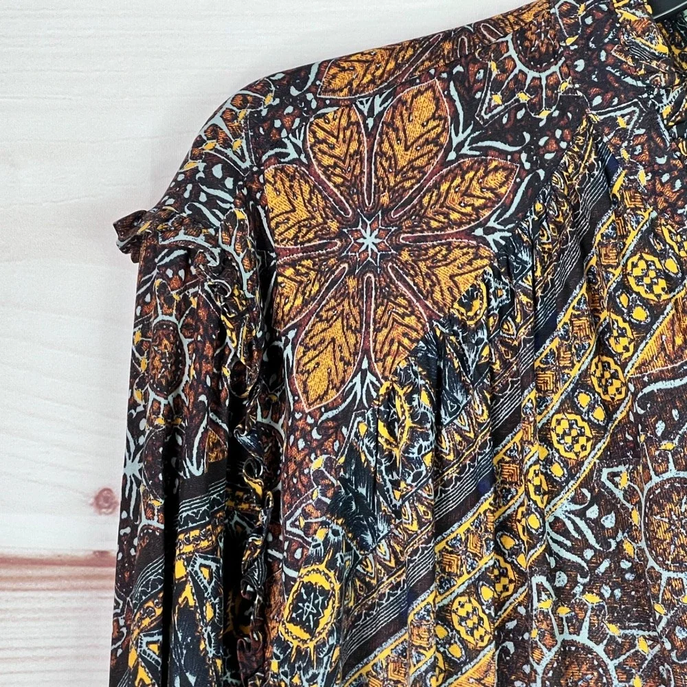 Free People Top Womens XS Little Runaway Blouse Multicolor Tie Neck Boho Peasant